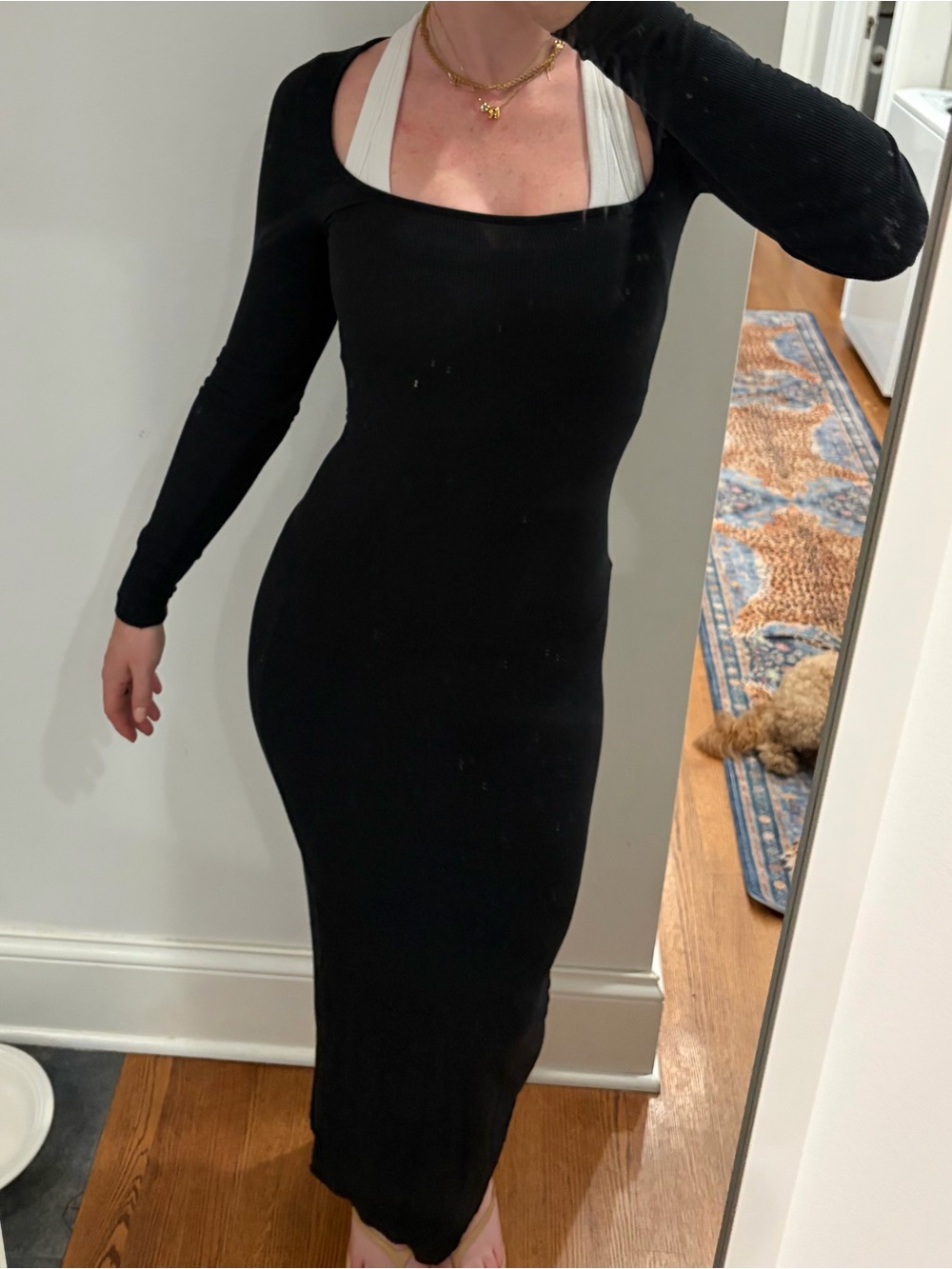 Black Long-Sleeve Square Neck Midi Bodycon Dress